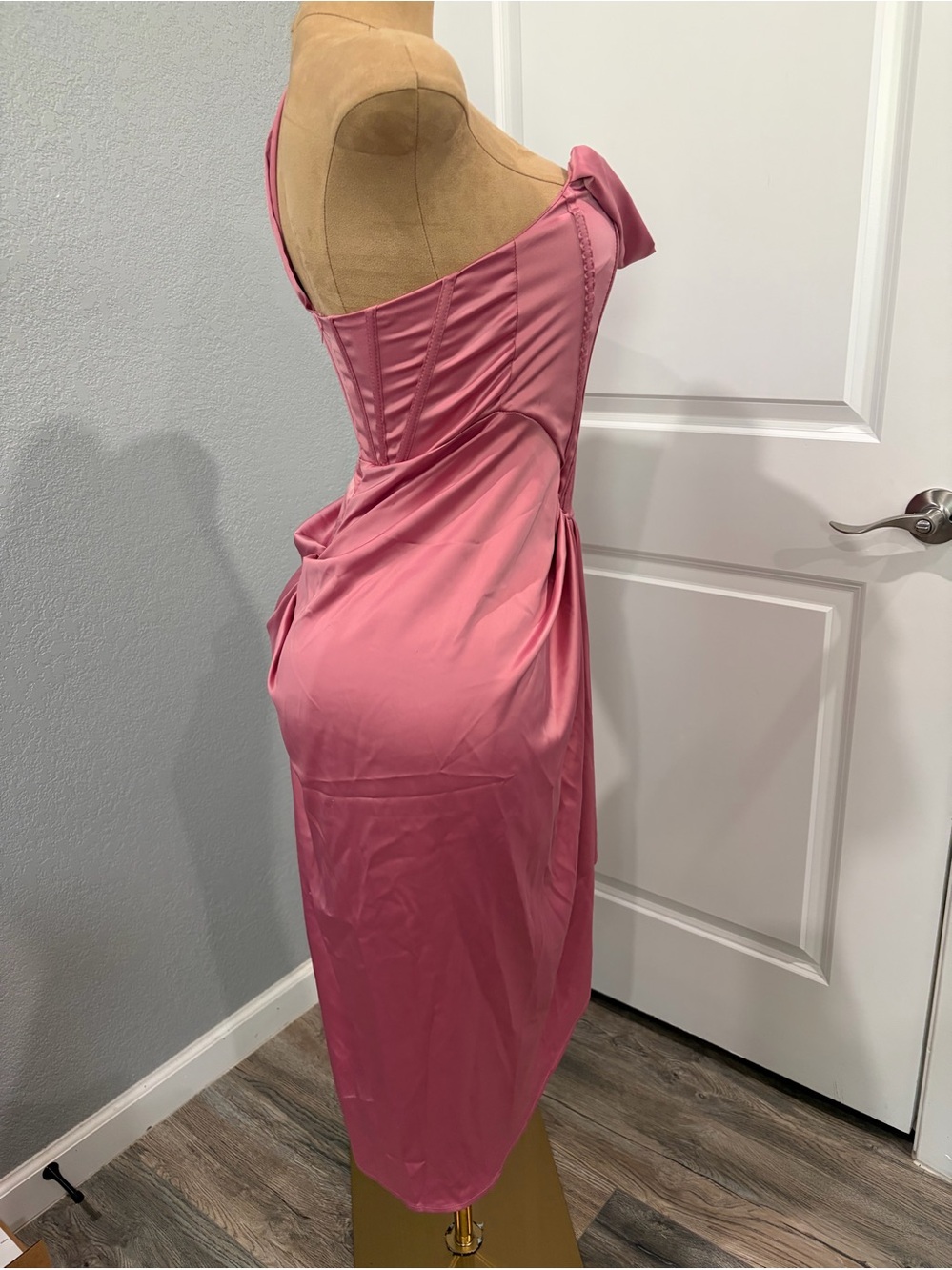 One-Shoulder Rose Pink Cocktail Dress with Draped Skirt - Picture 10 of 15